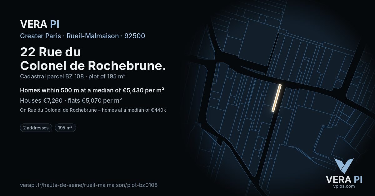 22 Rue du Colonel de Rochebrune, Rueil-Malmaison at night – the plot lit, the parcels around coloured by the prices near them