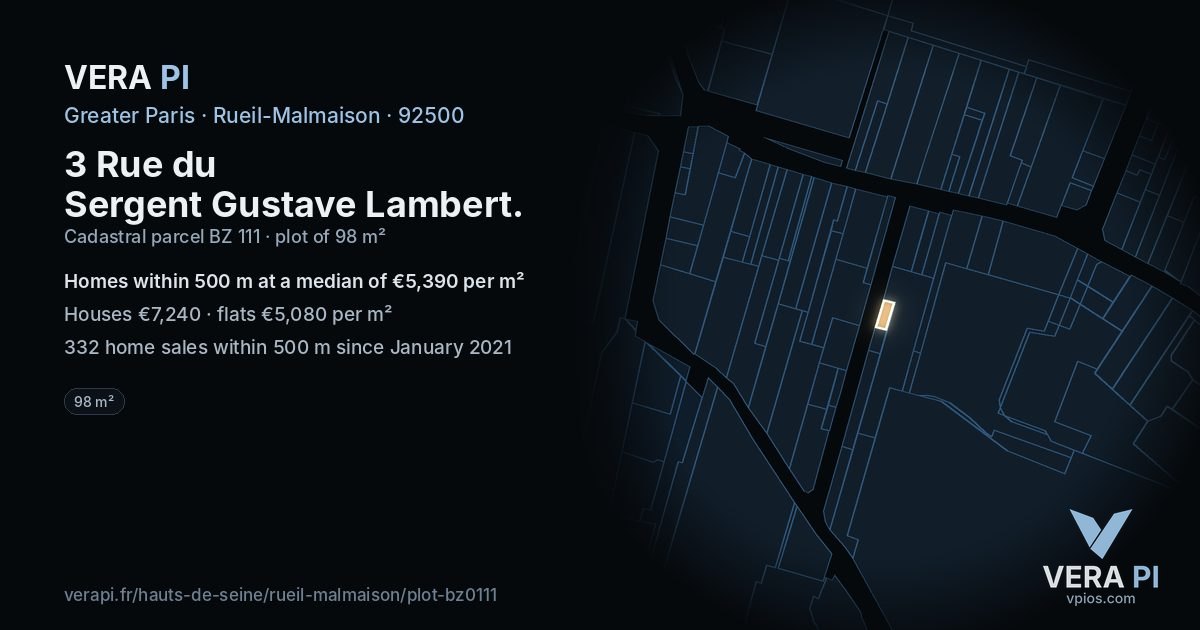 3 Rue du Sergent Gustave Lambert, Rueil-Malmaison at night – the plot lit, the parcels around coloured by the prices near them