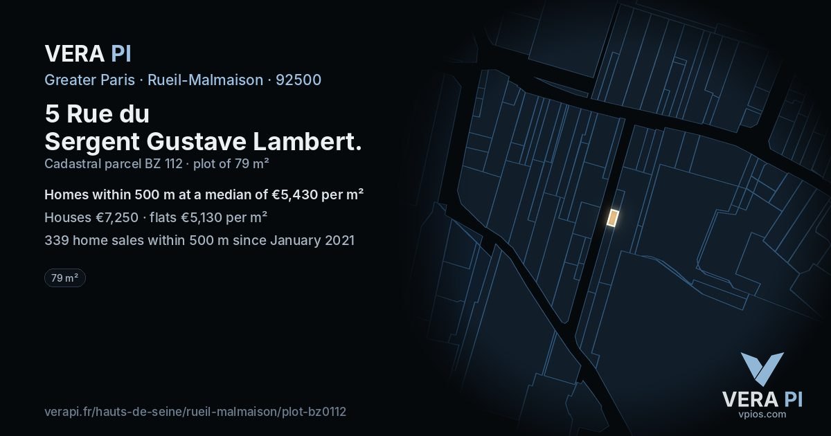 5 Rue du Sergent Gustave Lambert, Rueil-Malmaison at night – the plot lit, the parcels around coloured by the prices near them