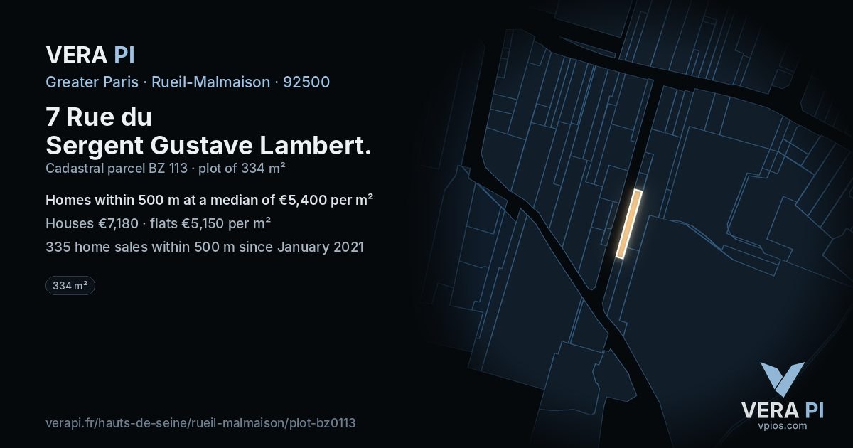 7 Rue du Sergent Gustave Lambert, Rueil-Malmaison at night – the plot lit, the parcels around coloured by the prices near them
