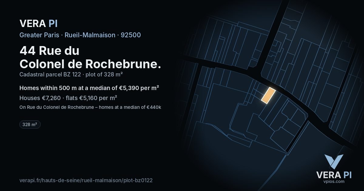 44 Rue du Colonel de Rochebrune, Rueil-Malmaison at night – the plot lit, the parcels around coloured by the prices near them