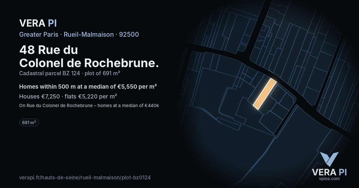 48 Rue du Colonel de Rochebrune, Rueil-Malmaison at night – the plot lit, the parcels around coloured by the prices near them