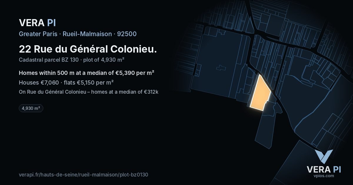 22 Rue du Général Colonieu, Rueil-Malmaison at night – the plot lit, the parcels around coloured by the prices near them