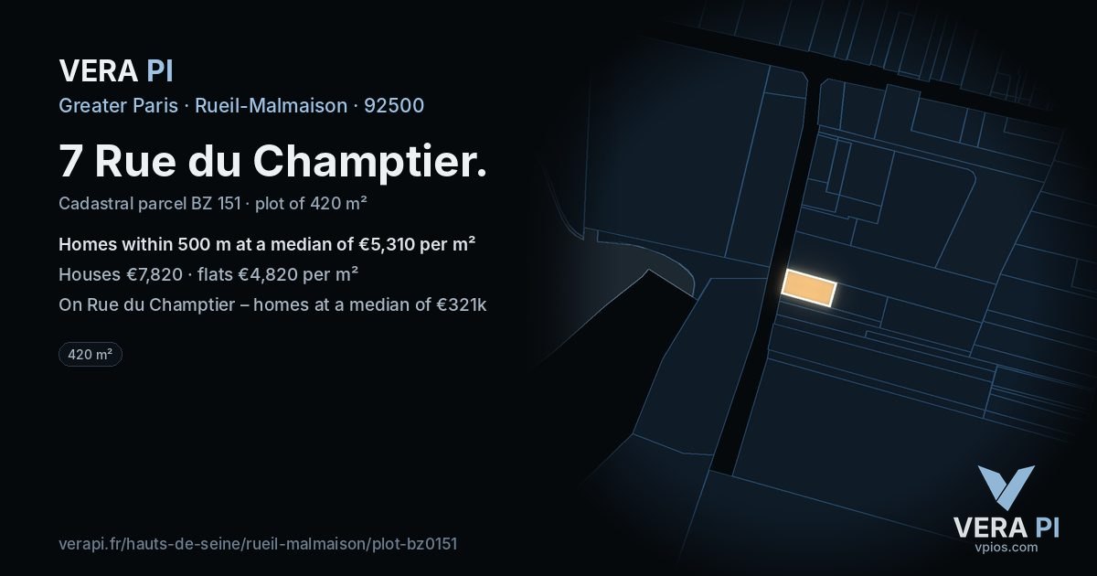 7 Rue du Champtier, Rueil-Malmaison at night – the plot lit, the parcels around coloured by the prices near them