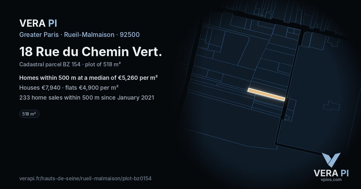 18 Rue du Chemin Vert, Rueil-Malmaison at night – the plot lit, the parcels around coloured by the prices near them