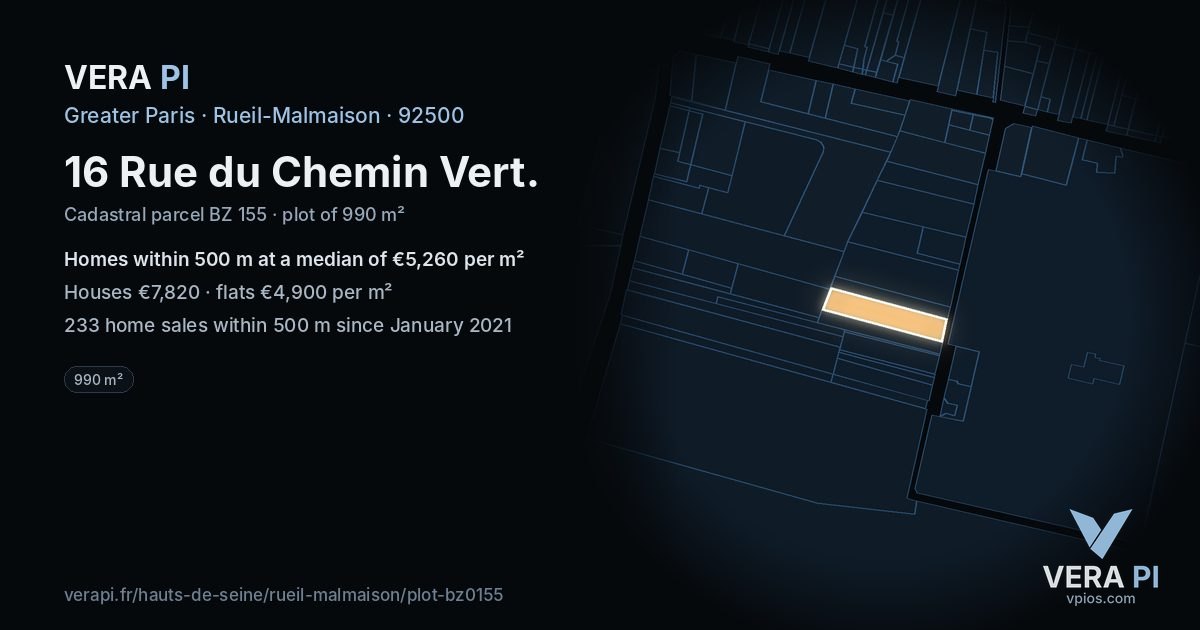 16 Rue du Chemin Vert, Rueil-Malmaison at night – the plot lit, the parcels around coloured by the prices near them