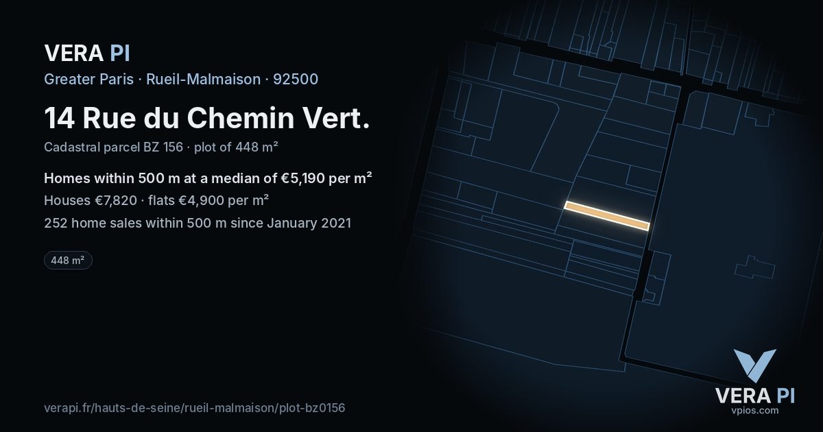 14 Rue du Chemin Vert, Rueil-Malmaison at night – the plot lit, the parcels around coloured by the prices near them