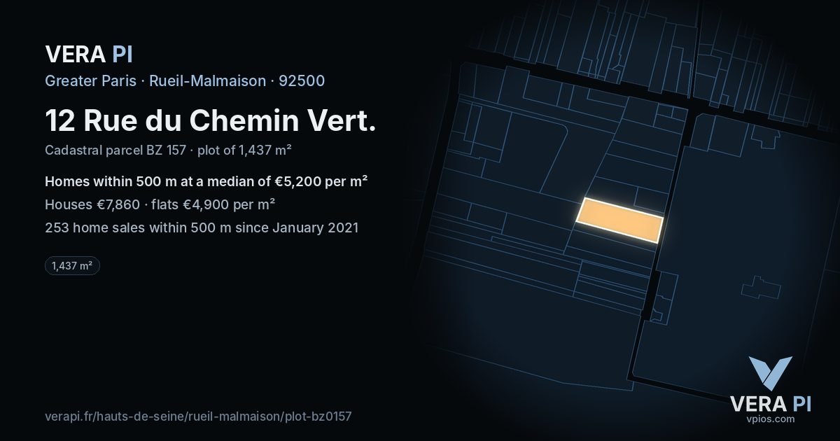 12 Rue du Chemin Vert, Rueil-Malmaison at night – the plot lit, the parcels around coloured by the prices near them