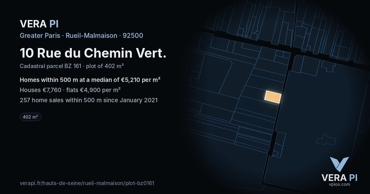 10 Rue du Chemin Vert, Rueil-Malmaison at night – the plot lit, the parcels around coloured by the prices near them