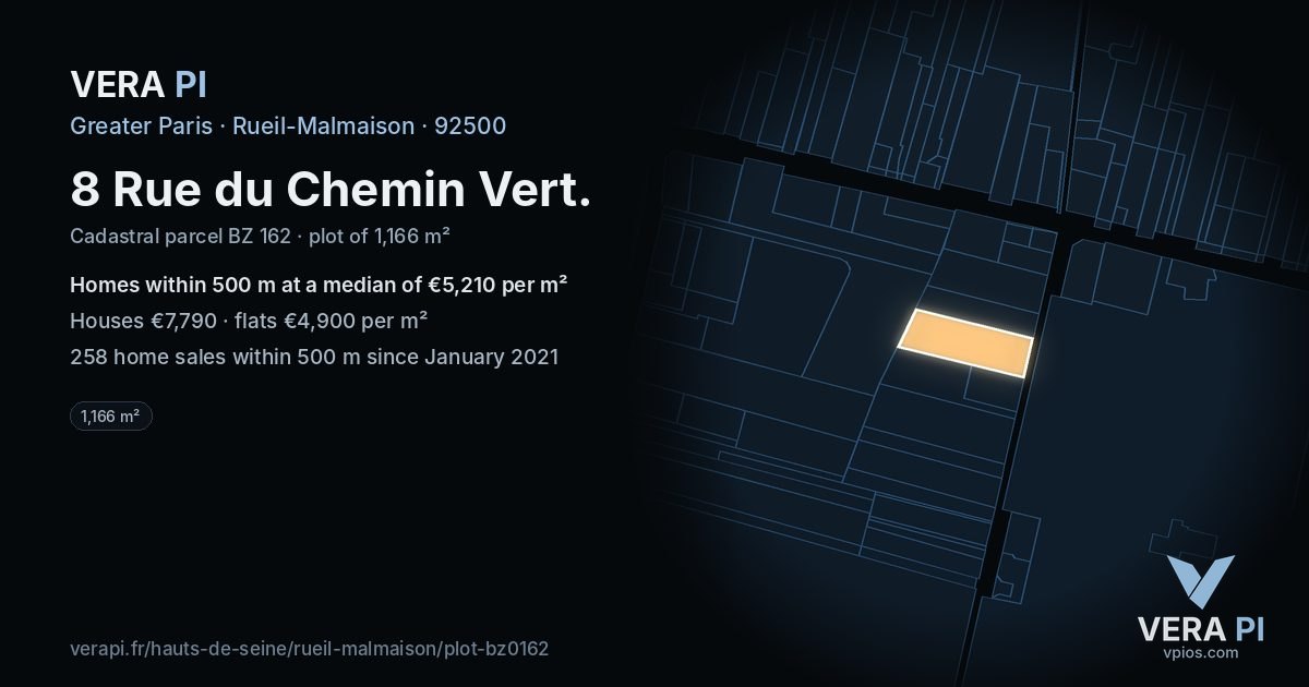8 Rue du Chemin Vert, Rueil-Malmaison at night – the plot lit, the parcels around coloured by the prices near them