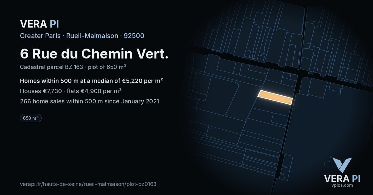 6 Rue du Chemin Vert, Rueil-Malmaison at night – the plot lit, the parcels around coloured by the prices near them