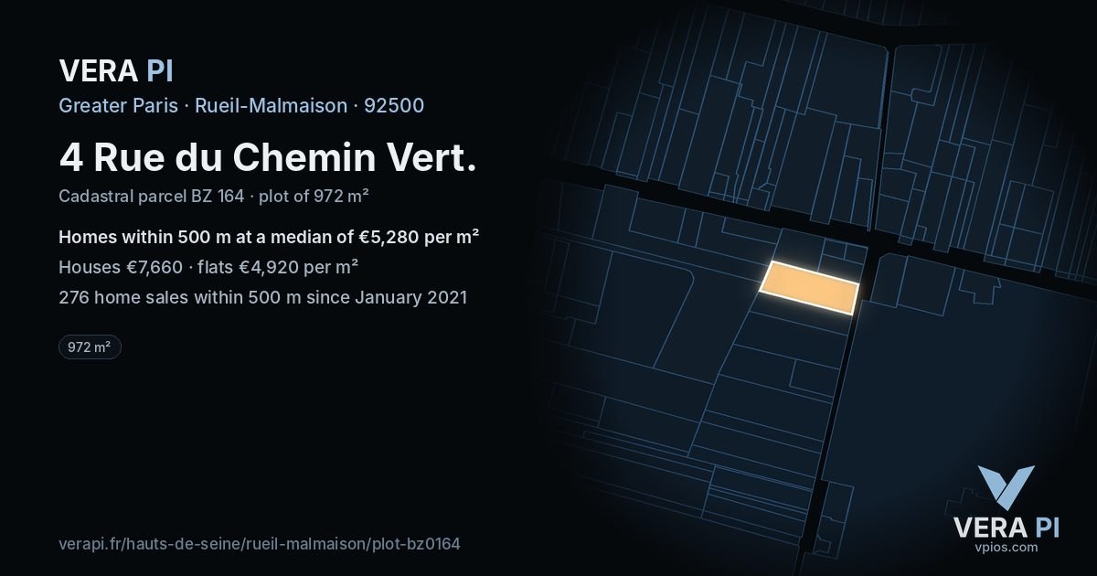 4 Rue du Chemin Vert, Rueil-Malmaison at night – the plot lit, the parcels around coloured by the prices near them