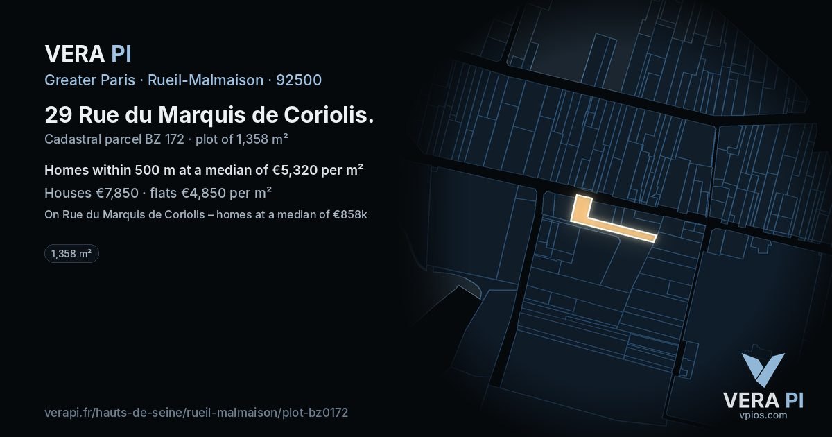 29 Rue du Marquis de Coriolis, Rueil-Malmaison at night – the plot lit, the parcels around coloured by the prices near them