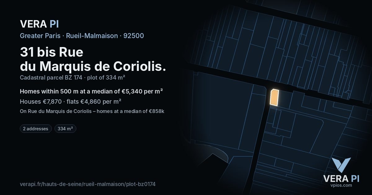 31 bis Rue du Marquis de Coriolis, Rueil-Malmaison at night – the plot lit, the parcels around coloured by the prices near them