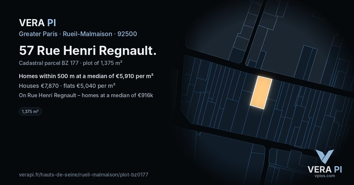 57 Rue Henri Regnault, Rueil-Malmaison at night – the plot lit, the parcels around coloured by the prices near them