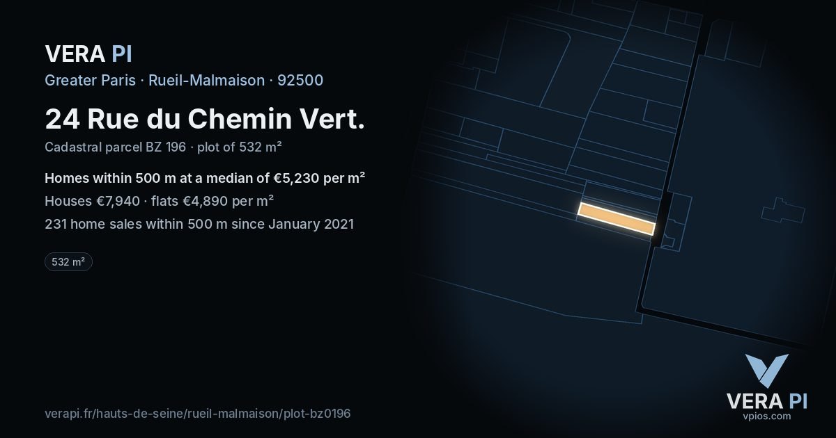 24 Rue du Chemin Vert, Rueil-Malmaison at night – the plot lit, the parcels around coloured by the prices near them