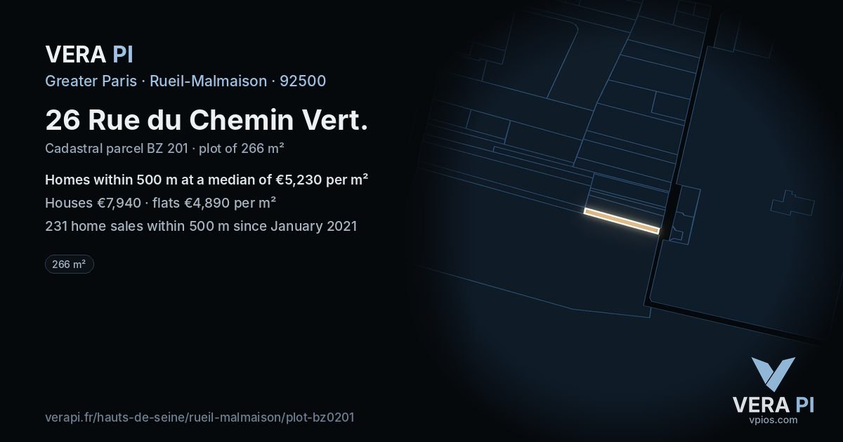 26 Rue du Chemin Vert, Rueil-Malmaison at night – the plot lit, the parcels around coloured by the prices near them