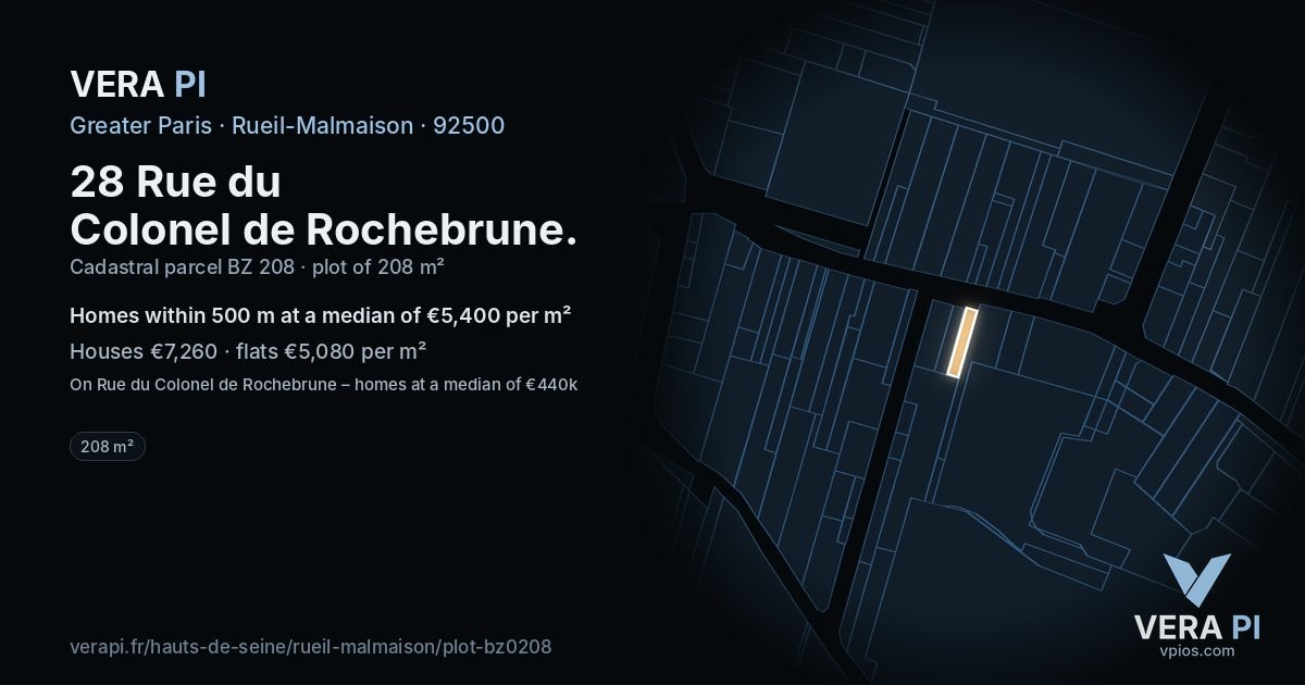28 Rue du Colonel de Rochebrune, Rueil-Malmaison at night – the plot lit, the parcels around coloured by the prices near them