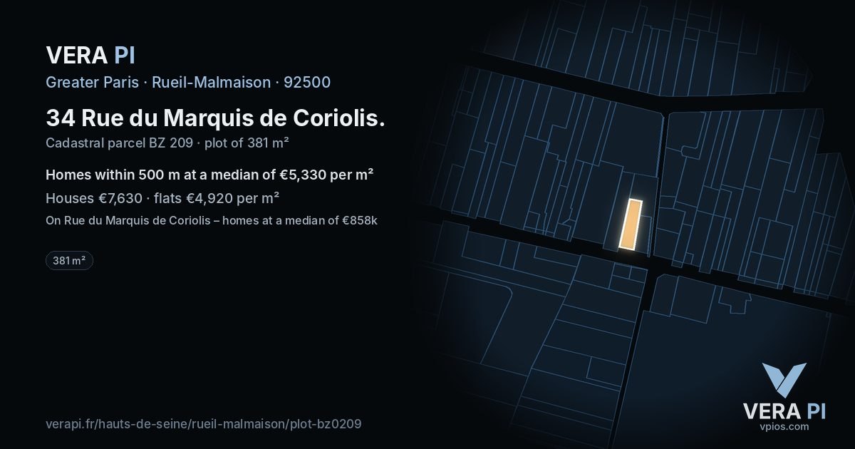 34 Rue du Marquis de Coriolis, Rueil-Malmaison at night – the plot lit, the parcels around coloured by the prices near them