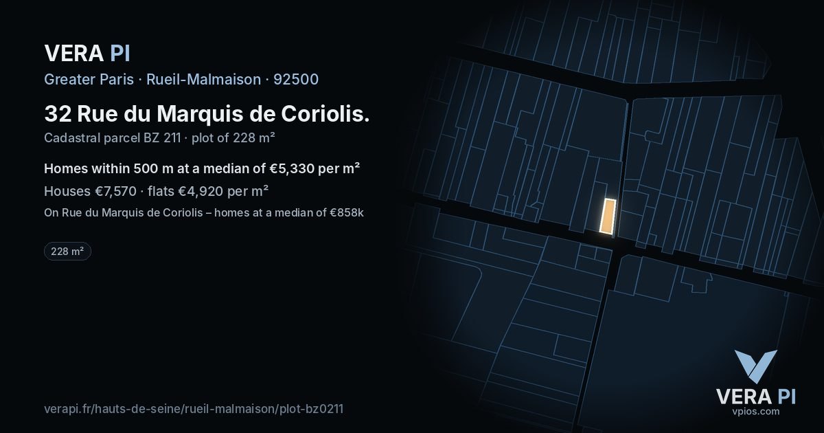 32 Rue du Marquis de Coriolis, Rueil-Malmaison at night – the plot lit, the parcels around coloured by the prices near them