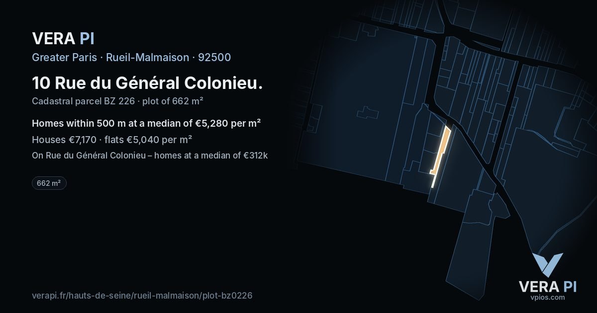 10 Rue du Général Colonieu, Rueil-Malmaison at night – the plot lit, the parcels around coloured by the prices near them