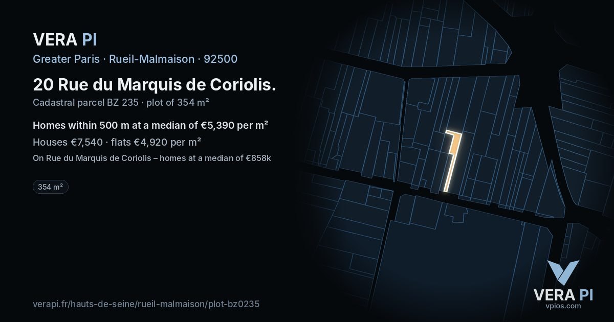 20 Rue du Marquis de Coriolis, Rueil-Malmaison at night – the plot lit, the parcels around coloured by the prices near them