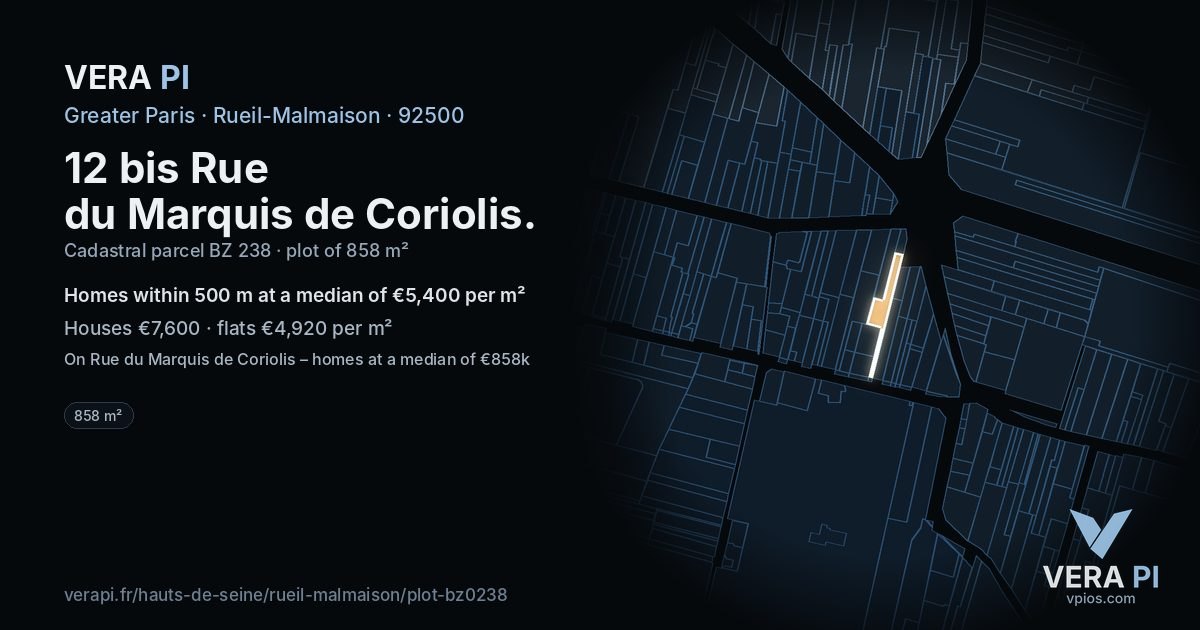 12 bis Rue du Marquis de Coriolis, Rueil-Malmaison at night – the plot lit, the parcels around coloured by the prices near them