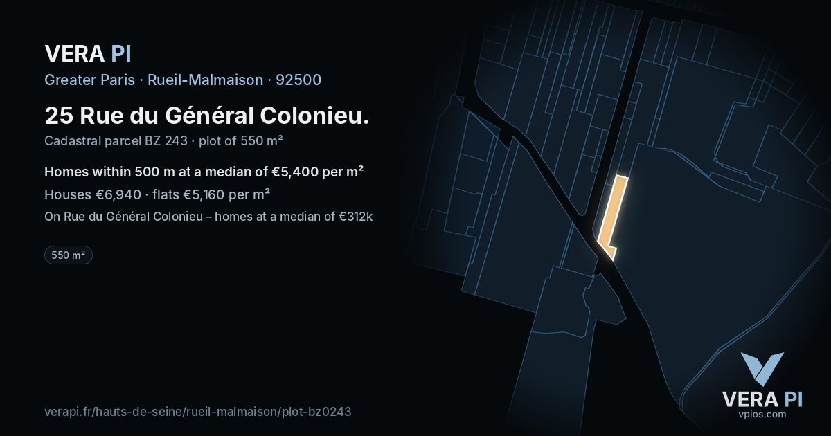 25 Rue du Général Colonieu, Rueil-Malmaison at night – the plot lit, the parcels around coloured by the prices near them