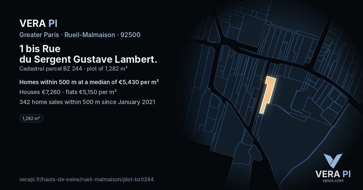 1 bis Rue du Sergent Gustave Lambert, Rueil-Malmaison at night – the plot lit, the parcels around coloured by the prices near them