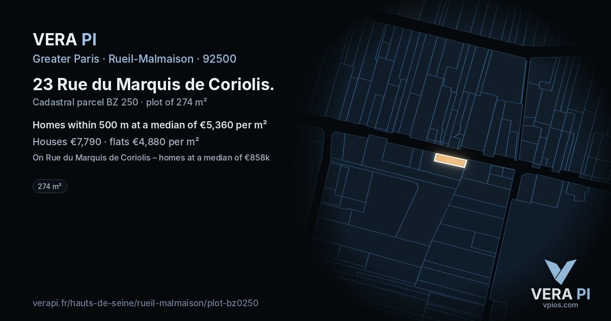 23 Rue du Marquis de Coriolis, Rueil-Malmaison at night – the plot lit, the parcels around coloured by the prices near them