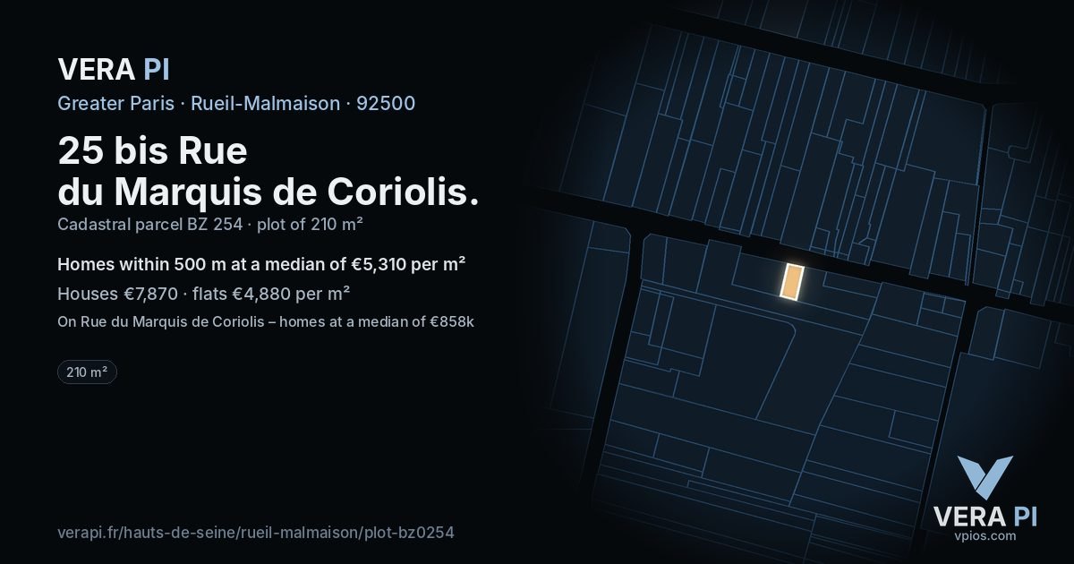 25 bis Rue du Marquis de Coriolis, Rueil-Malmaison at night – the plot lit, the parcels around coloured by the prices near them