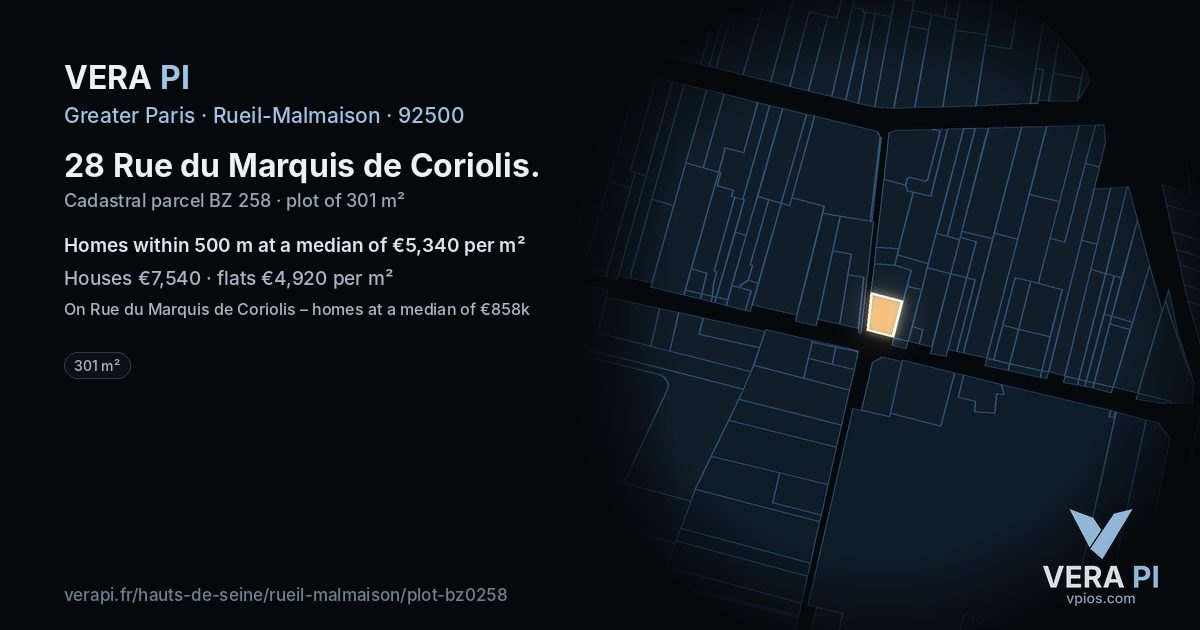28 Rue du Marquis de Coriolis, Rueil-Malmaison at night – the plot lit, the parcels around coloured by the prices near them