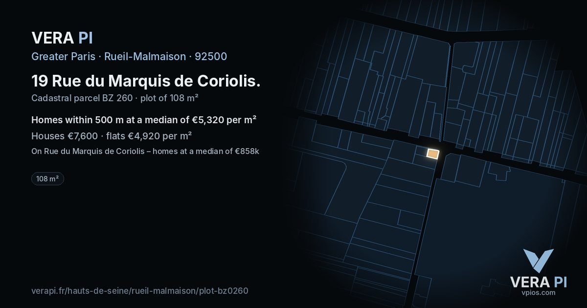 19 Rue du Marquis de Coriolis, Rueil-Malmaison at night – the plot lit, the parcels around coloured by the prices near them