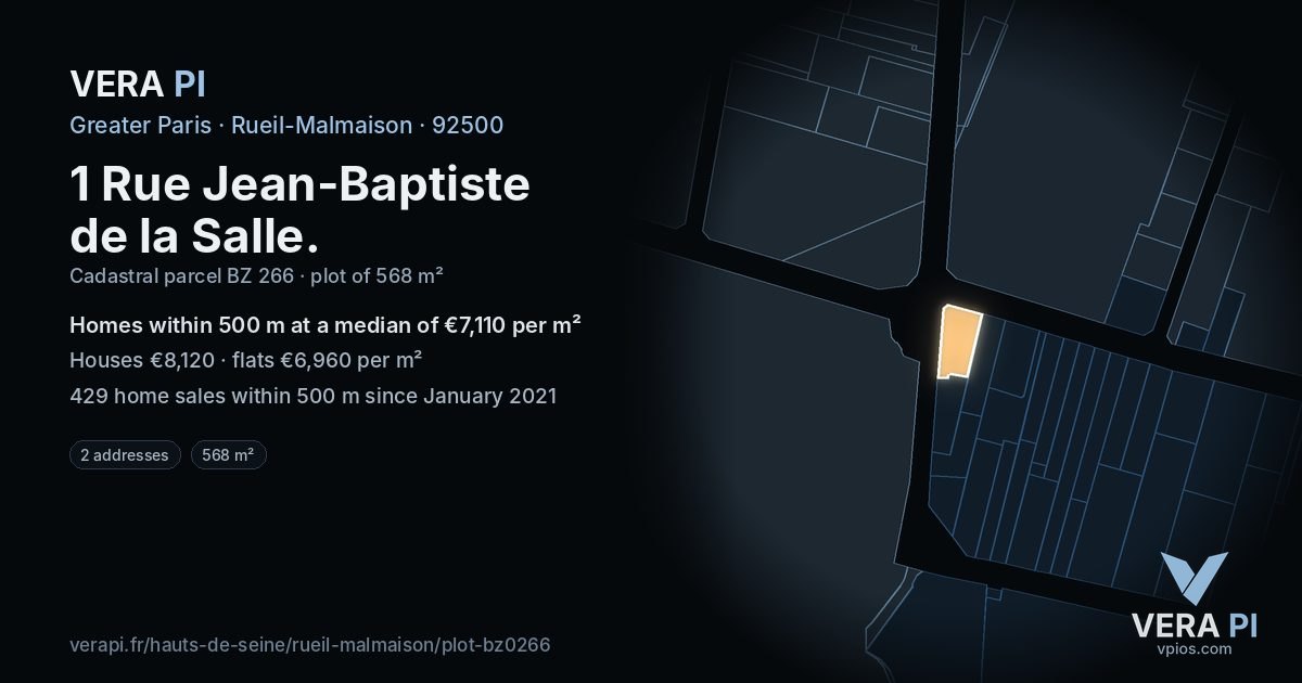 1 Rue Jean-Baptiste de la Salle, Rueil-Malmaison at night – the plot lit, the parcels around coloured by the prices near them