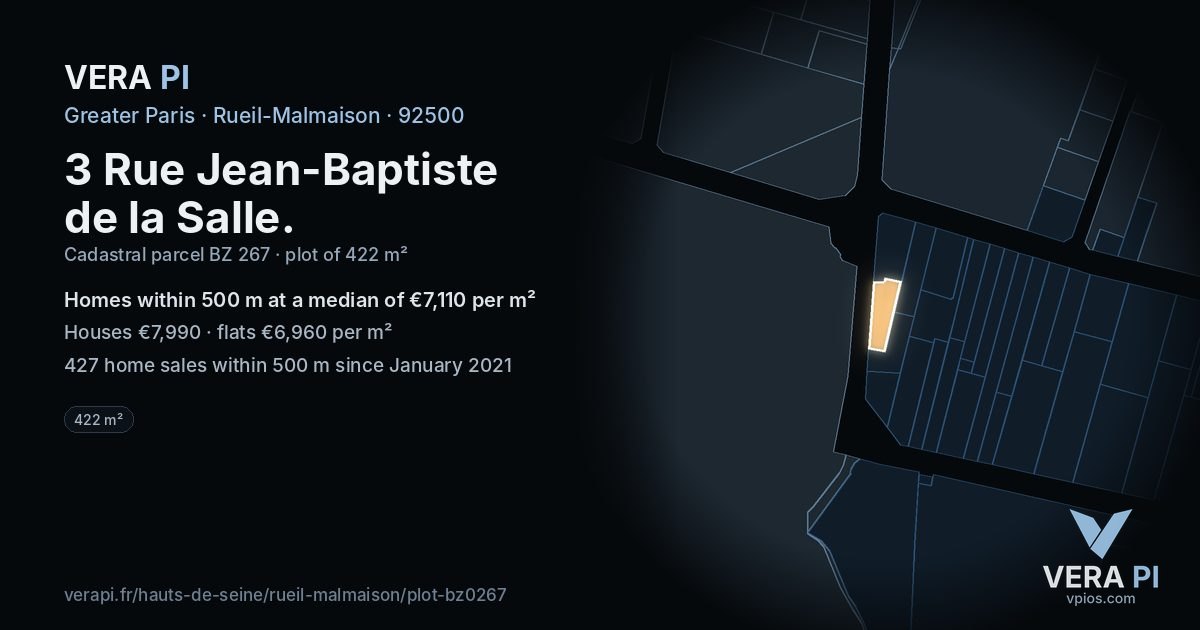 3 Rue Jean-Baptiste de la Salle, Rueil-Malmaison at night – the plot lit, the parcels around coloured by the prices near them