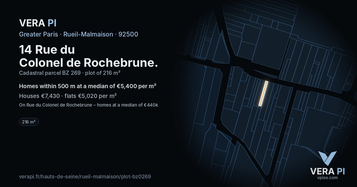 14 Rue du Colonel de Rochebrune, Rueil-Malmaison at night – the plot lit, the parcels around coloured by the prices near them