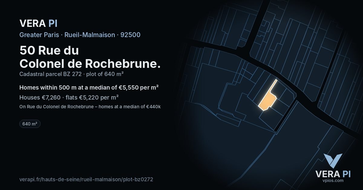 50 Rue du Colonel de Rochebrune, Rueil-Malmaison at night – the plot lit, the parcels around coloured by the prices near them
