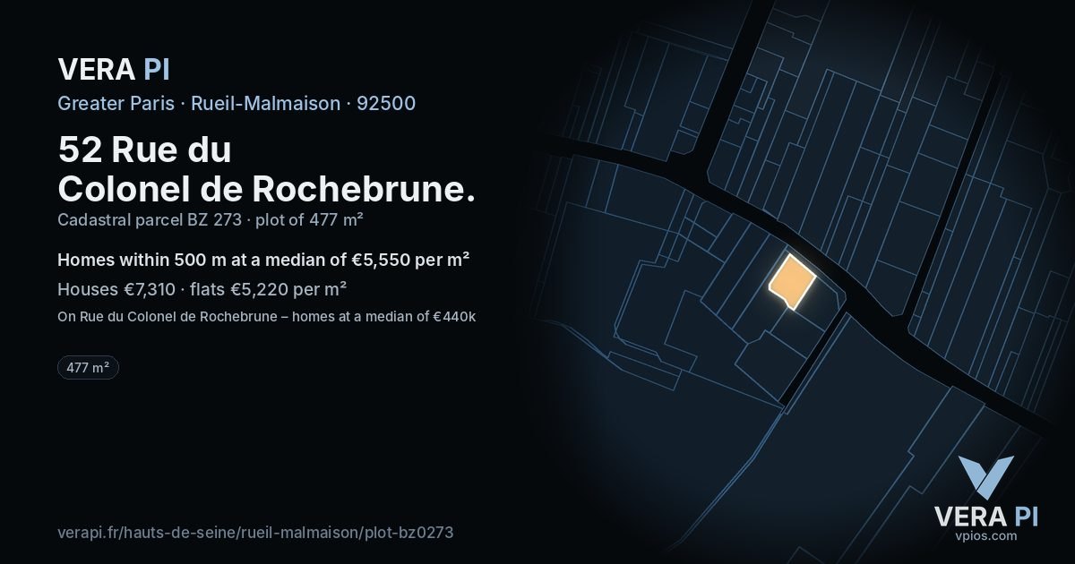 52 Rue du Colonel de Rochebrune, Rueil-Malmaison at night – the plot lit, the parcels around coloured by the prices near them
