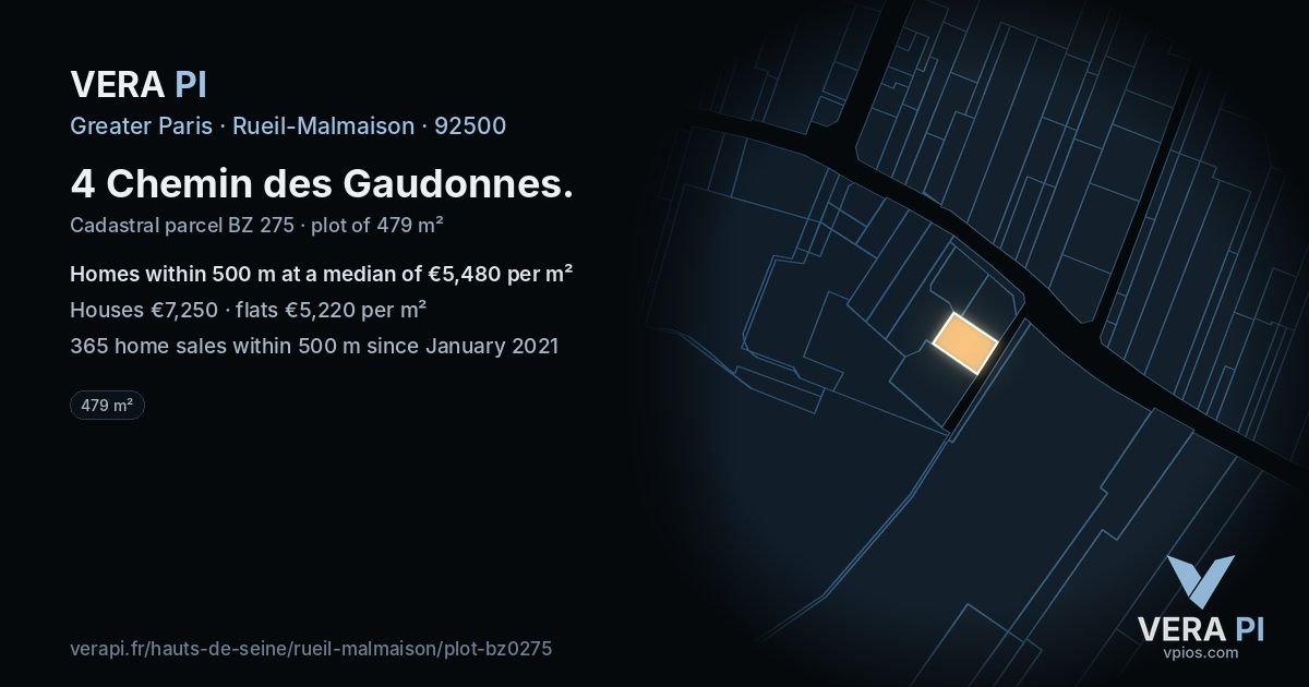 4 Chemin des Gaudonnes, Rueil-Malmaison at night – the plot lit, the parcels around coloured by the prices near them