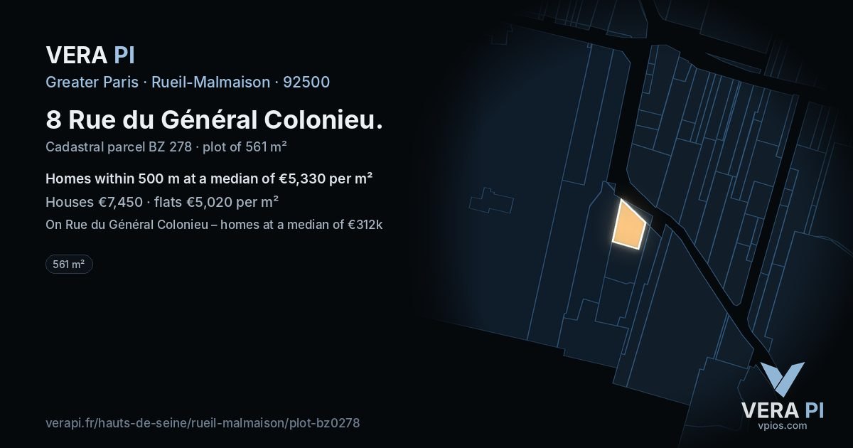 8 Rue du Général Colonieu, Rueil-Malmaison at night – the plot lit, the parcels around coloured by the prices near them