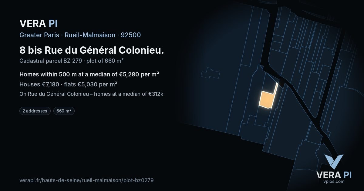 8 bis Rue du Général Colonieu, Rueil-Malmaison at night – the plot lit, the parcels around coloured by the prices near them