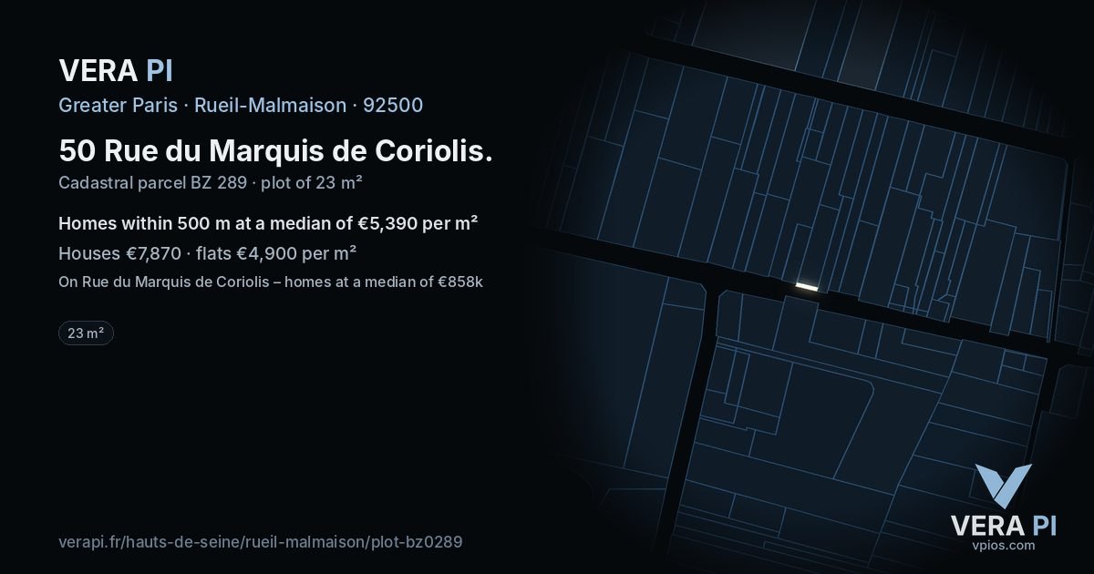 50 Rue du Marquis de Coriolis, Rueil-Malmaison at night – the plot lit, the parcels around coloured by the prices near them