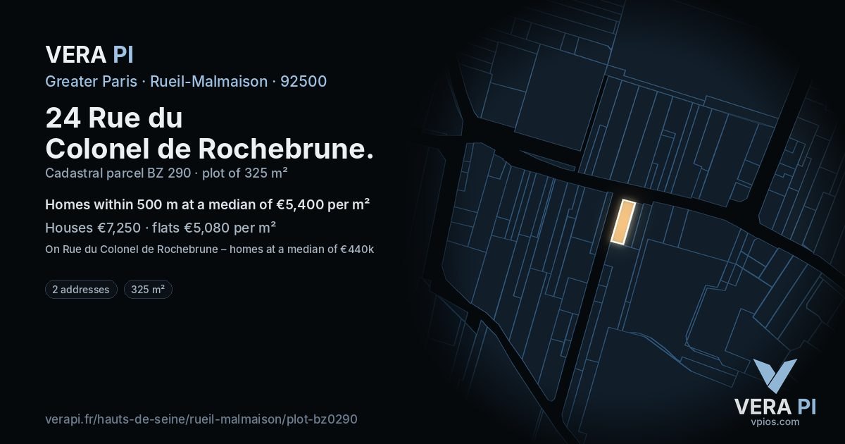 24 Rue du Colonel de Rochebrune, Rueil-Malmaison at night – the plot lit, the parcels around coloured by the prices near them