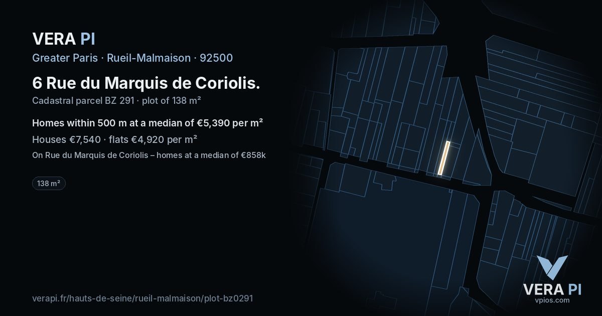 6 Rue du Marquis de Coriolis, Rueil-Malmaison at night – the plot lit, the parcels around coloured by the prices near them