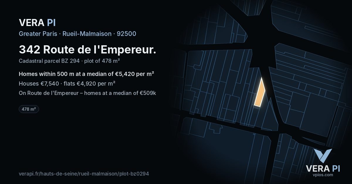 342 Route de l'Empereur, Rueil-Malmaison at night – the plot lit, the parcels around coloured by the prices near them