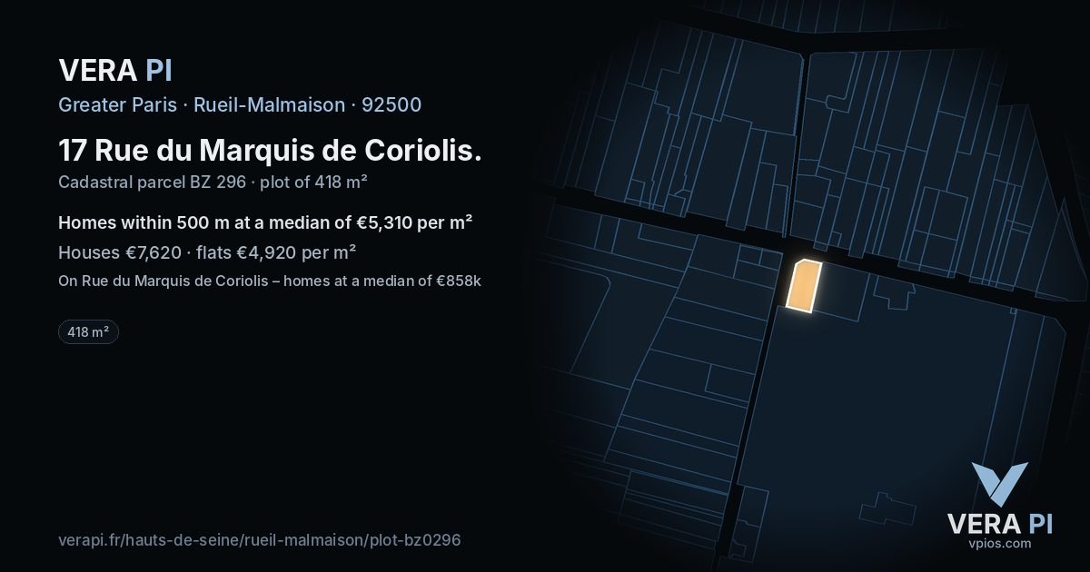 17 Rue du Marquis de Coriolis, Rueil-Malmaison at night – the plot lit, the parcels around coloured by the prices near them