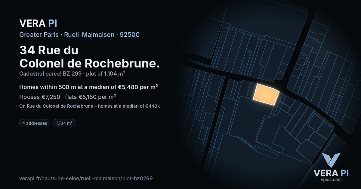 34 Rue du Colonel de Rochebrune, Rueil-Malmaison at night – the plot lit, the parcels around coloured by the prices near them