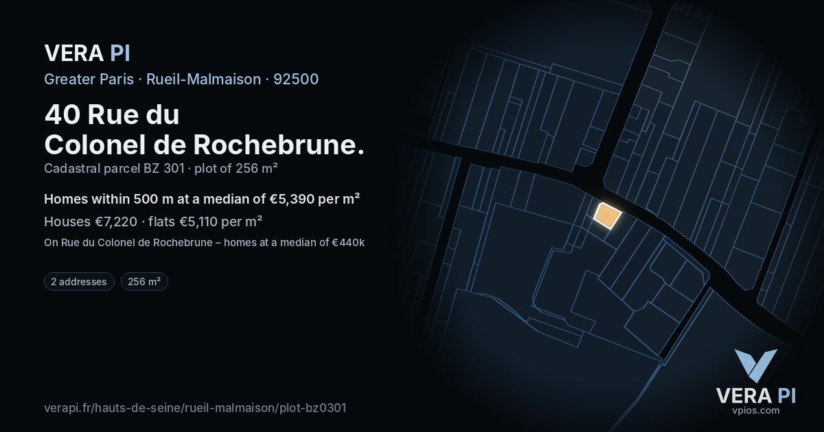 40 Rue du Colonel de Rochebrune, Rueil-Malmaison at night – the plot lit, the parcels around coloured by the prices near them