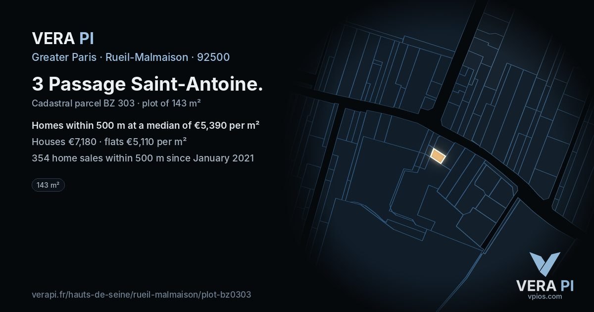 3 Passage Saint-Antoine, Rueil-Malmaison at night – the plot lit, the parcels around coloured by the prices near them