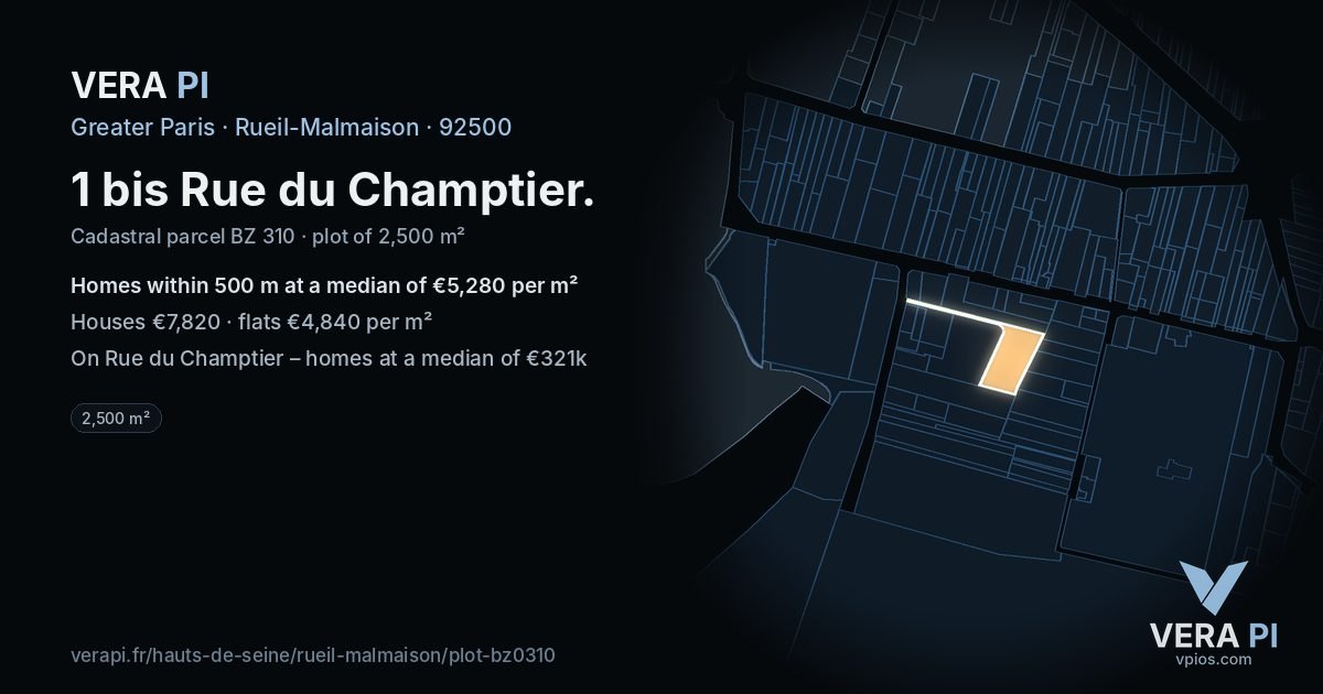 1 bis Rue du Champtier, Rueil-Malmaison at night – the plot lit, the parcels around coloured by the prices near them